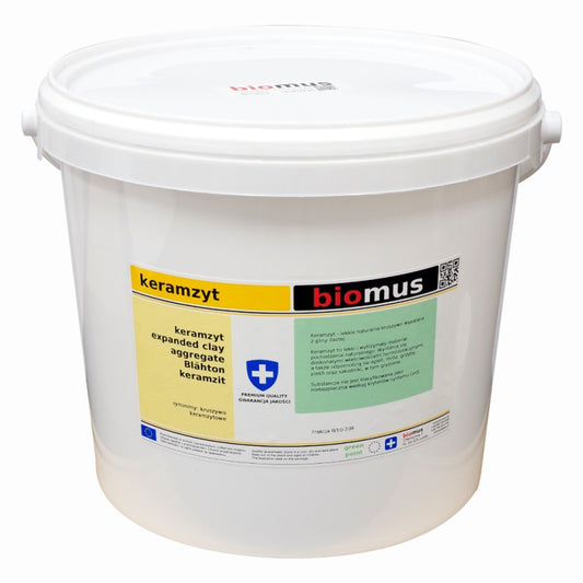 Blähtonsack 5L Biomus, leichtes biologisches Substrat für Garten und Pflanzen, in grüner Verpackung, mit Produktlabel sichtbar