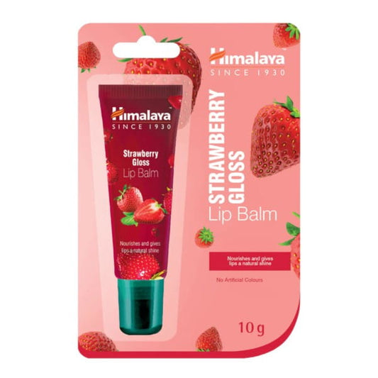 Himalaya Erdbeerglanz-Lippenbalsam in 10 g Behälter, glänzender Lippenbalsam mit Erdbeerduft, sichtbar auf dem Bild.