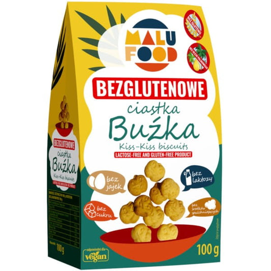 Bunte glutenfreie Smiley-Kekse ohne Zucker von MALU, 100 g, mit fröhlichen Smileys auf der Verpackung.