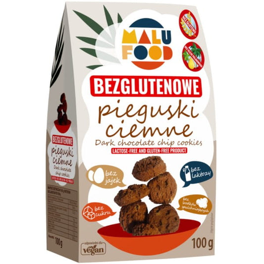Dunkle zuckerfreie, glutenfreie Kekse von MALU in 100 g Verpackung, knusprige Kekse auf einem weißen Teller.