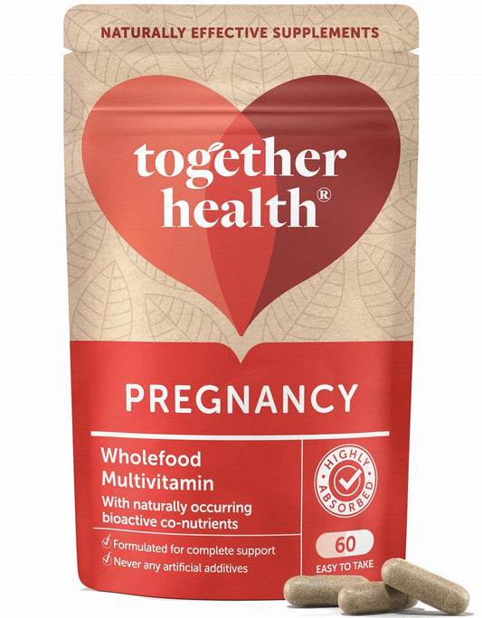 Schwangerschaft Vitamine und Mineralien für schwangere Frauen von Together, 60 Kapseln, Nahaufnahme der Kapseln in einer Packung