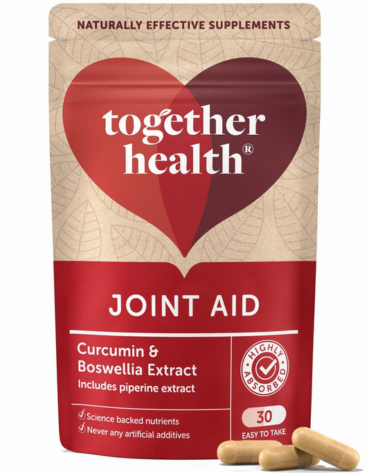 Vegane Kapseln mit Curcumin und Boswellia-Extrakt zur Unterstützung der Gelenkgesundheit, von Together, im Glasbehälter.