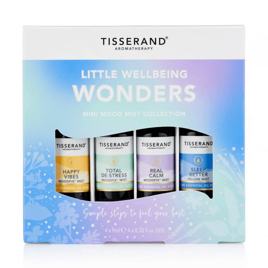Set mit vier ätherischen Mist-Sprays von Tisserand Aromatherapy, jeweils 9 ml für Wohlbefinden und Entspannung.
