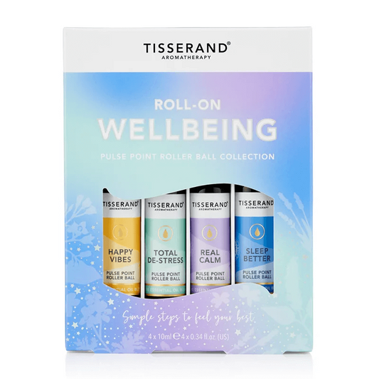 Ätherisches Öl Roll-on-Set von Tisserand Aromatherapy, 4 Stück à 10 ml, für Stimmungsaufhellung und Wohlbefinden.