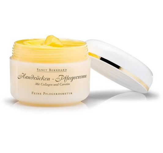 Hautpflegecreme mit Kollagen und Karotin in 125 ml, sichtbar in der Dose, von Kräuterhaus Sanct Bernhard.