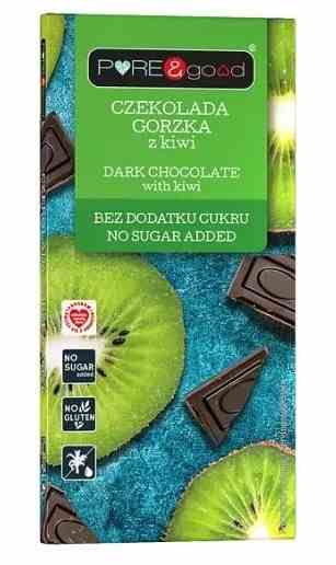 Dunkle Schokolade mit Kiwi, 75g, von Pure&Good, zeigt die Schokoladentafel mit grünen Kiwi-Stücken und dunkler Schokolade.