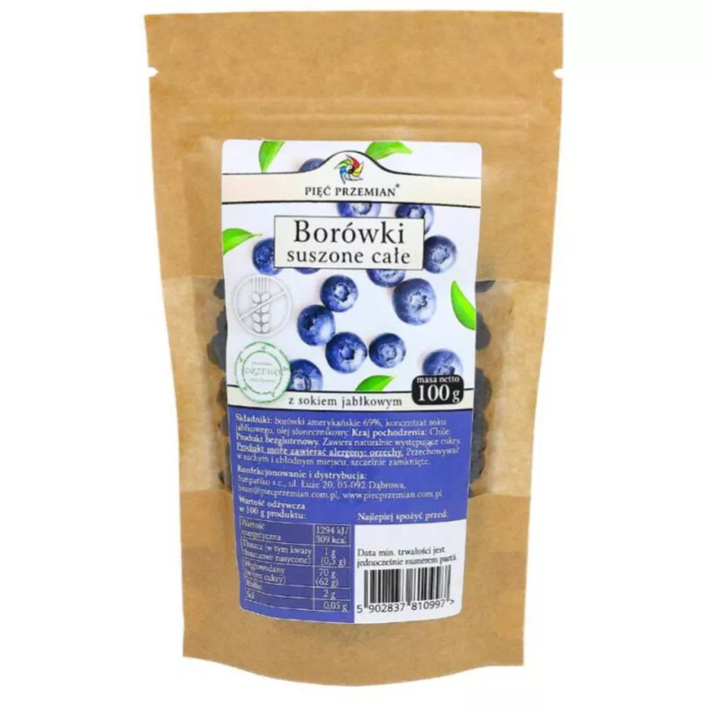 Ganze getrocknete Heidelbeeren mit Apfelsaft von PIĘĆ PRZEMIAN, 100g, frische, getrocknete Beeren in einer transparenten Verpackung