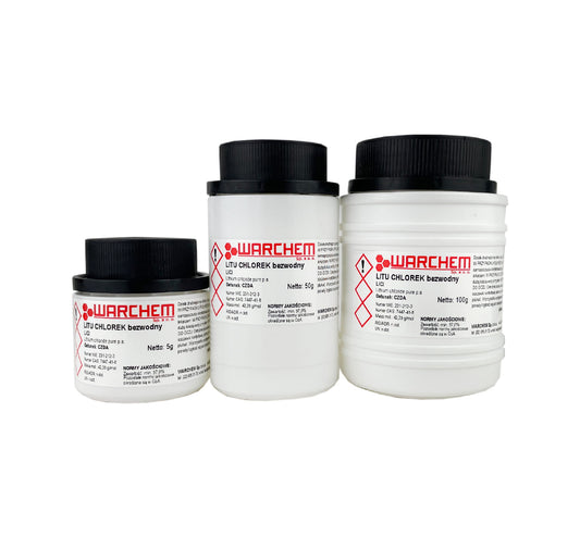 Wasserfreies Lithiumchlorid, Reinheit 5g, in weißer Kristallform, von WARCHEM, chemisches Laborpräparat.