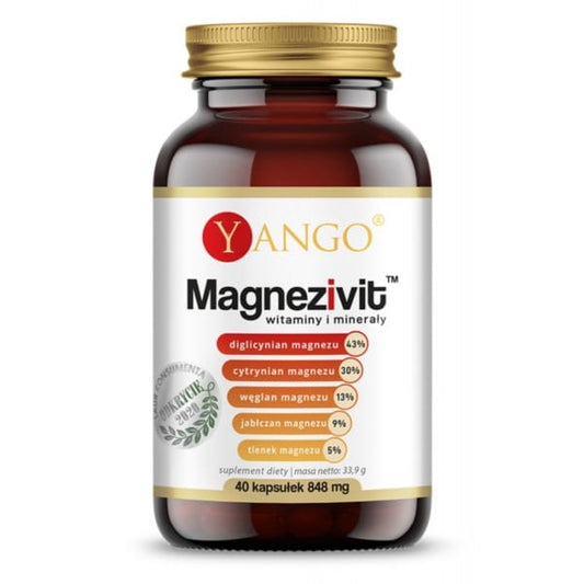 YANGO Magnezivit Vitamin- und Mineralstoffkapseln, 40 Stück, Nahaufnahme der Kapseln in einer offenen Verpackung.