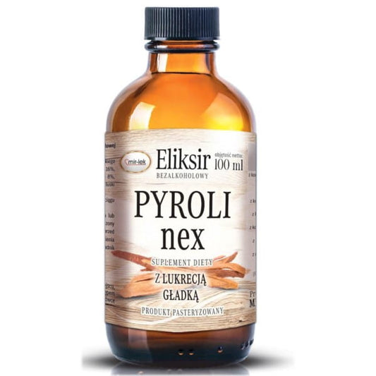 Alkoholfreies Elixier PYROLInex von MIR-LEK in 100 ml Flasche, sichtbare Verpackung mit Etikett und Produktbeschreibung.