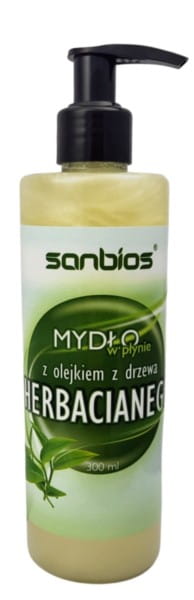 SANBIOS Flüssigseife mit Teebaumöl in 300ml Flasche, zeigt die Seife mit grüner Verpackung und Teebaumöl-Label.