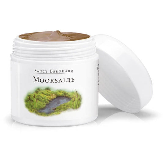 Kräuterhaus Sanct Bernhard Moorsalbe in 100 ml Flasche, natürliche Torfsalbe für Hautpflege, sichtbar in der Flasche.