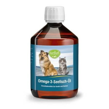 Omega 3 Öl für Hunde und Katzen von Tierlieb in 500 ml Flasche, zeigt die Flasche mit Etikett und Tiermotiv.