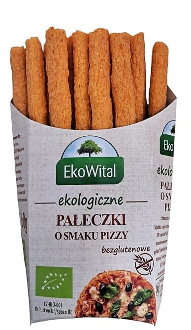 Bio Pizzastäbchen mit Geschmack GFree von EKOWITAL, knusprige glutenfreie Snacks auf dem Bild.