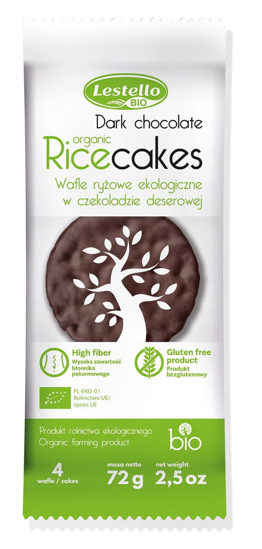 Glutenfreie Lestello Dessertschokolade in Reiswürfeln, Bio, 72 g, zeigt die Schokoladenstückchen in einer Packung