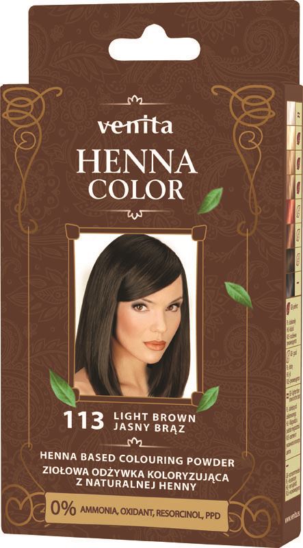 Hennapulver Nr. 113 hellbraun von VENITA, pflanzlicher Farbaufbereiter in 25g Packung, zeigt das hellbraune Pulver.