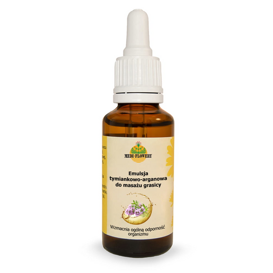 Thymian-Argan-Emulsion von MEDI-FLOWERY, 30ml, für die Thymusmassage, zeigt die Flasche mit Emulsion und Thymian- und Argan-Elementen.