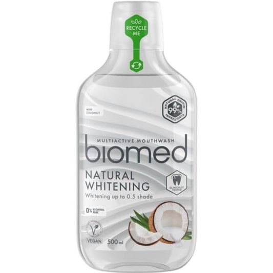 Mundspülung Splat Biomed Whitening 0,5 in einer Flasche, sichtbarer Verschluss und Verpackung, für aufgehellte Zähne