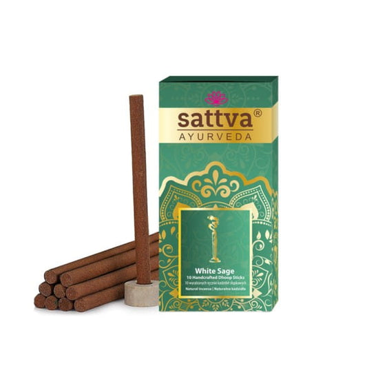 Weiße Salbei-Säulen von SATTVA, 10 Stück, zum Räuchern, mit natürlichen weißen Salbei-Ingredienzien sichtbar in der Verpackung