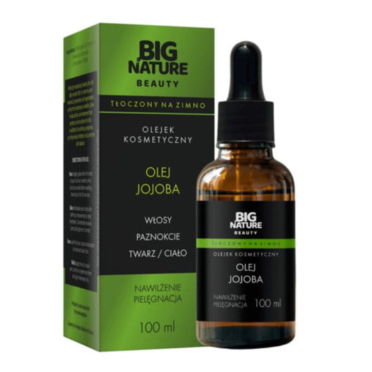 Große Flasche Big Nature Jojobaöl 100 ml mit naturbelassenem, goldfarbenem Jojobagenuss, ideal für Haut- und Haarpflege.