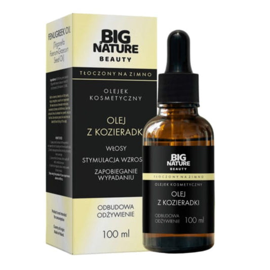 Großes Fläschchen Big Nature Bockshornkleeöl 100 ml für Haare, naturbelassenes Pflanzenöl in brauner Flasche, Nahaufnahme.