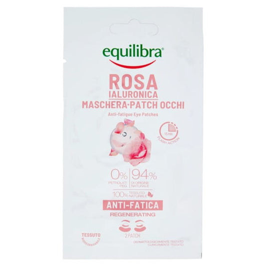 Equilibra Rose Augenpflaster, 2 Stück, mit Rosenextrakt für eine erfrischte und gepflegte Augenpartie, auf einem weißen Hintergrund.