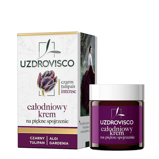Anti-Falten-Augencreme von UZDROVISCO, 25 ml, für Tag und Nacht, mit intensiver schwarzer Tulpe, sichtbar in der Dose.