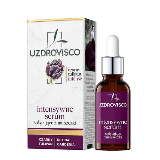 Anti-Aging-Gesichtsserum von UZDROVISCO, 30 ml, dunkle Flasche mit Tropfer, zeigt das Produkt vor weißem Hintergrund