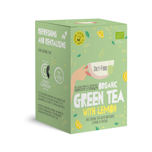 Bio grüner Tee mit Zitronen-Aroma, 20 Teebeutel à 2g, von DIET FOOD, mit frischer Zitronen-Note im Pack.