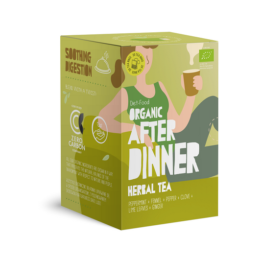 Bio After Dinner Tee von DIET FOOD, 20 Beutel à 1,5 g, zeigt die Teebeutel und die Verpackung in einer natürlichen Präsentation.
