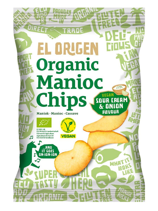 Veganer Guellafreie Quinoa-Chips BIO von EL ORIGEN, 60 g, knusprige Bio-Chips aus Quinoa auf weißem Hintergrund