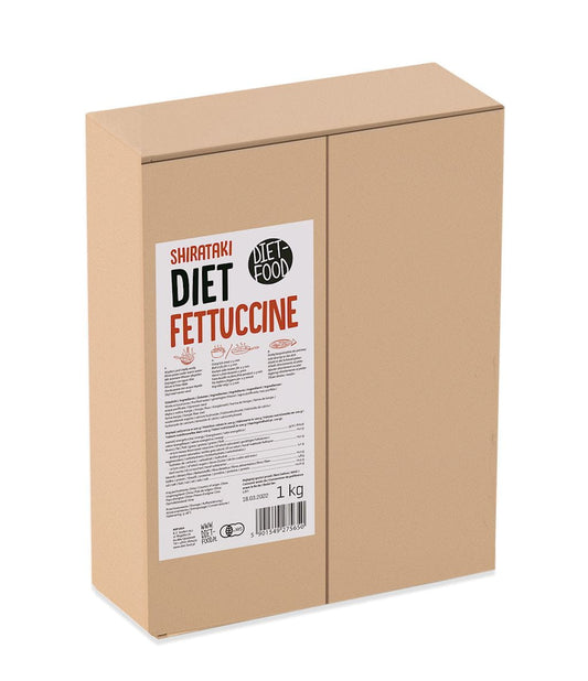 Konjac Shirataki Fettuccine von DIET FOOD, 1 kg, kalorienarme und glutenfreie Diät-Nudeln, sichtbar in der Verpackung.
