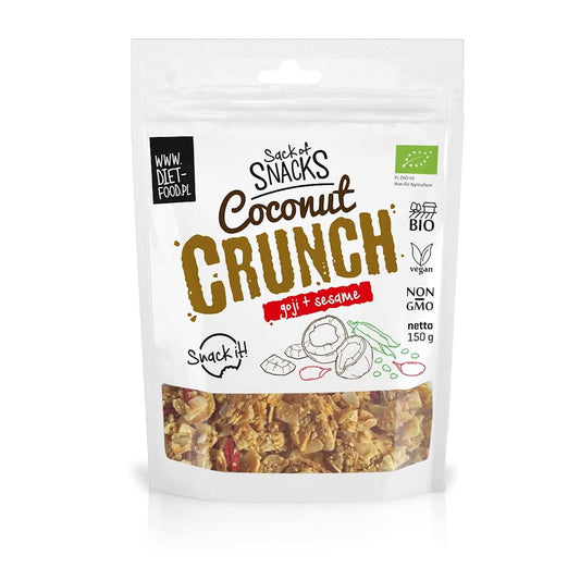 Crunches mit Kokonus, Goji-Birne und Bio-Samen von DIET FOOD, 150 g, nährstoffreicher Snack in nachhaltiger Verpackung.