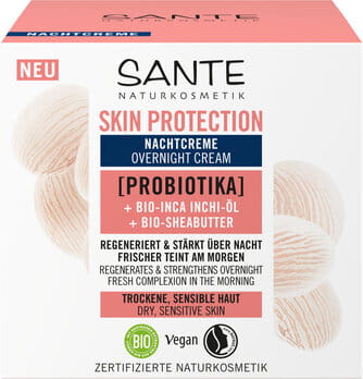 Sanfte nächtliche Gesichtspflege von SANTE mit Probiotika, Inchi-Öl und Shea-Butter in 50 ml Verpackung.