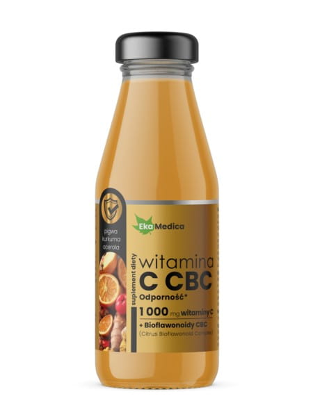 Ekamedica Vitamin C CBC Flasche, 250 ml, mit orangefarbiger Verpackung und Etikett, zeigt das Produkt in einer neutralen Umgebung.