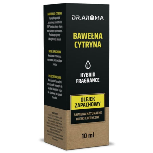 Flasche mit 10 ml Baumwolle und Zitronenöl von DR.AROMA, ätherisches Öl in transparenter Flasche, Nahaufnahme