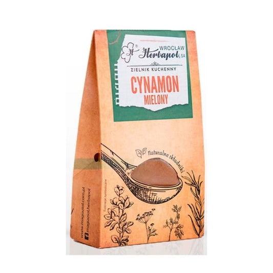Gewürz Zimt in 40 g Packung von Herbapol Wrocław, aromatische Zimtscheiben in einer weißen Verpackung.