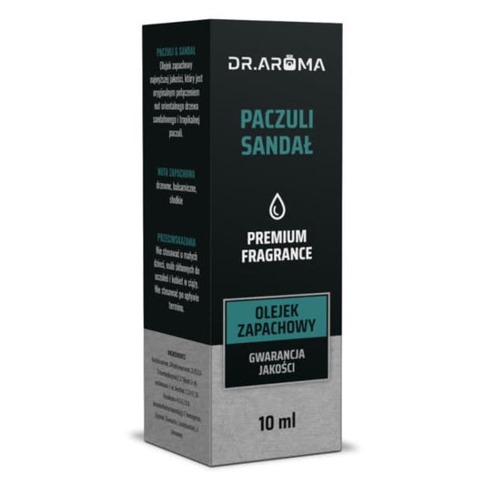 Flasche mit 10 ml DR.AROMA PACULI & SANDAEL Öl, ätherisches Öl zur Aromatherapie in dunkler Glasflasche