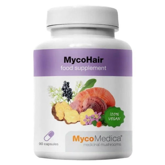 MycoMedica MycoHair Kapseln, 90 Stück, natürliche Nahrungsergänzung für gesundes Haarwachstum, in einer offenen Packung.