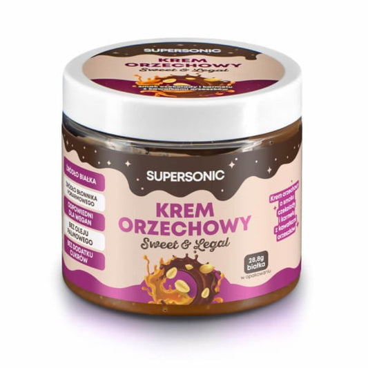 Helcom Supersonic Erdnusscreme mit Schokolade und Karamell in 160 g Glas, cremige Nusscreme mit Schokoladen- und Karamellstücken.