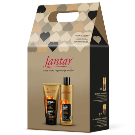 Jantar Laminier-Set für geschädigtes Haar von JANTAR FARMONA, zeigt Shampoo, Conditioner und Haarpflegeprodukte.