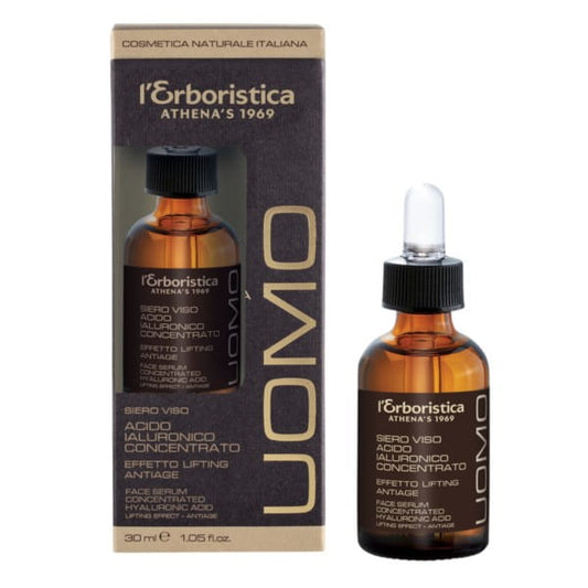 Hautpflege: ATHENA’S Uomo Classic Gesichtsserum für Männer, 30 ml, flüssiges Serum in einer weißen Flasche.