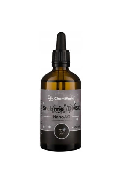 Flüssiges Silber DMSO 70% in 100 ml Flasche, Produkt von ChemWorld, sichtbar in der Flasche auf dem Bild.