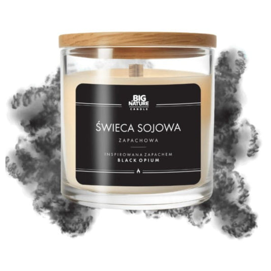 Große schwarze Sojakerze von BIG NATURE mit dem Duft Black Opium, 215 g, in einem stilvollen Behälter.