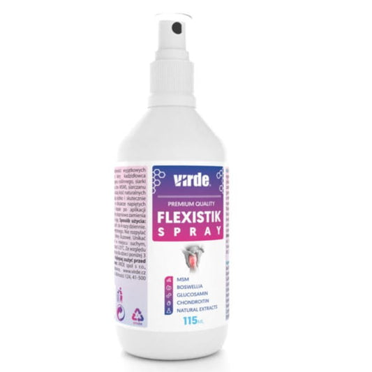 VIRDE Flexistik Spray in 115 ml Flasche, flexible Anwendung, für Mobilität und Muskelentspannung, auf einem weißen Hintergrund.