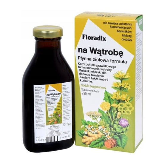 Florasch Herbal-Piast Floradix für die Leber in 250 ml Flasche, zeigt die Flasche und das Etikett.