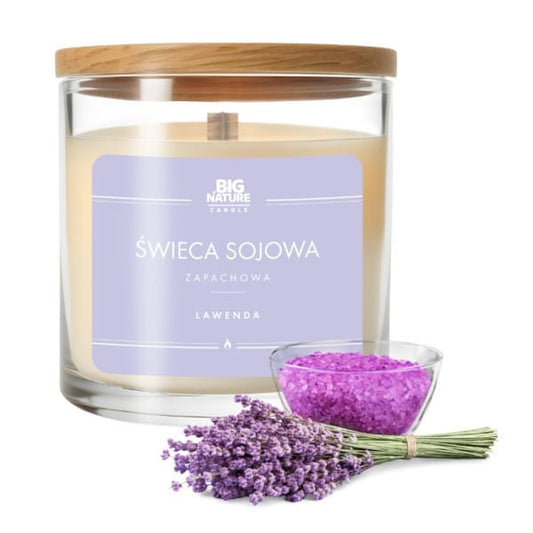 Große Lavendel-Soja-Kerze von BIG NATURE in 215 g, mit Lavendelduft und natürlichem Wachs, brennend in einem Glasbehälter