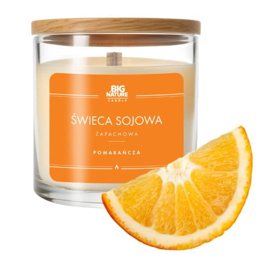Große orangefarbene Sojakerze von BIG NATURE, 215 g, mit natürlichem Duft und hochwertigem Wachs.