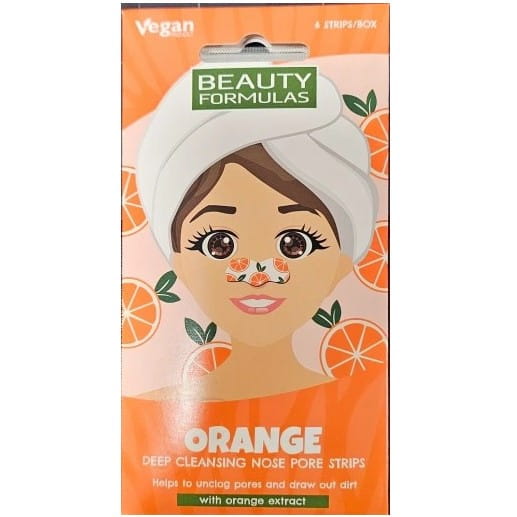 Nasenstreifen von BEAUTY FORMULAS, tiefenreinigend, orange, zeigt die Anwendung und das Produkt auf der Verpackung.