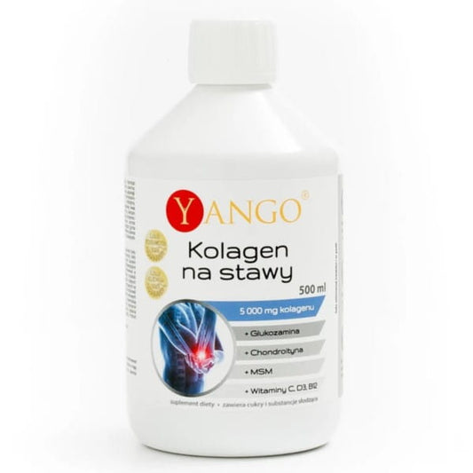 Yango Kollagen für Gelenke Multivitamin in 500 ml Flasche, zeigt die Flasche mit Label und Inhaltsstoffe auf weißem Hintergrund.